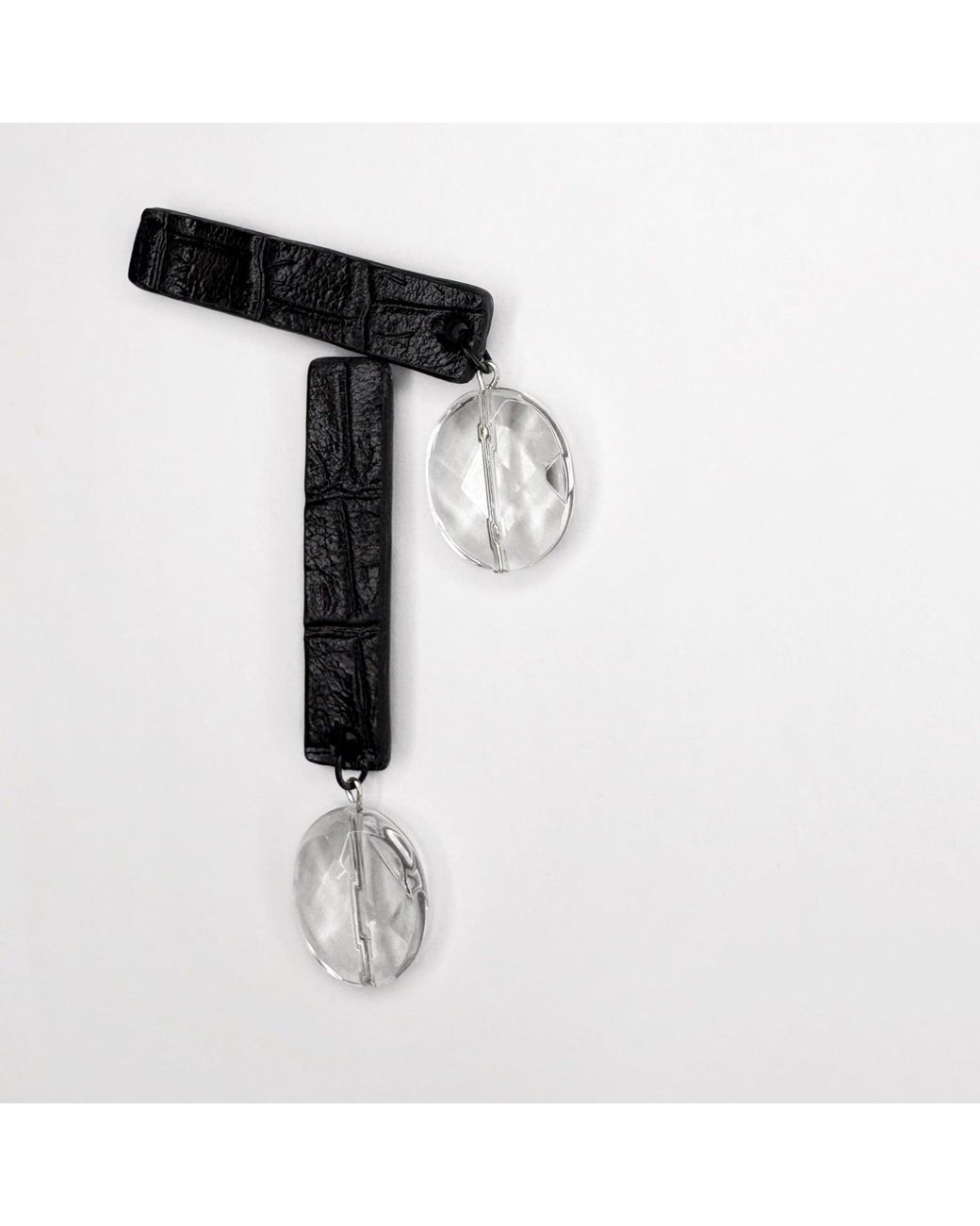 WAIWAI Black Clear Quartz & Alligator-Textured Leather Drop Earrings