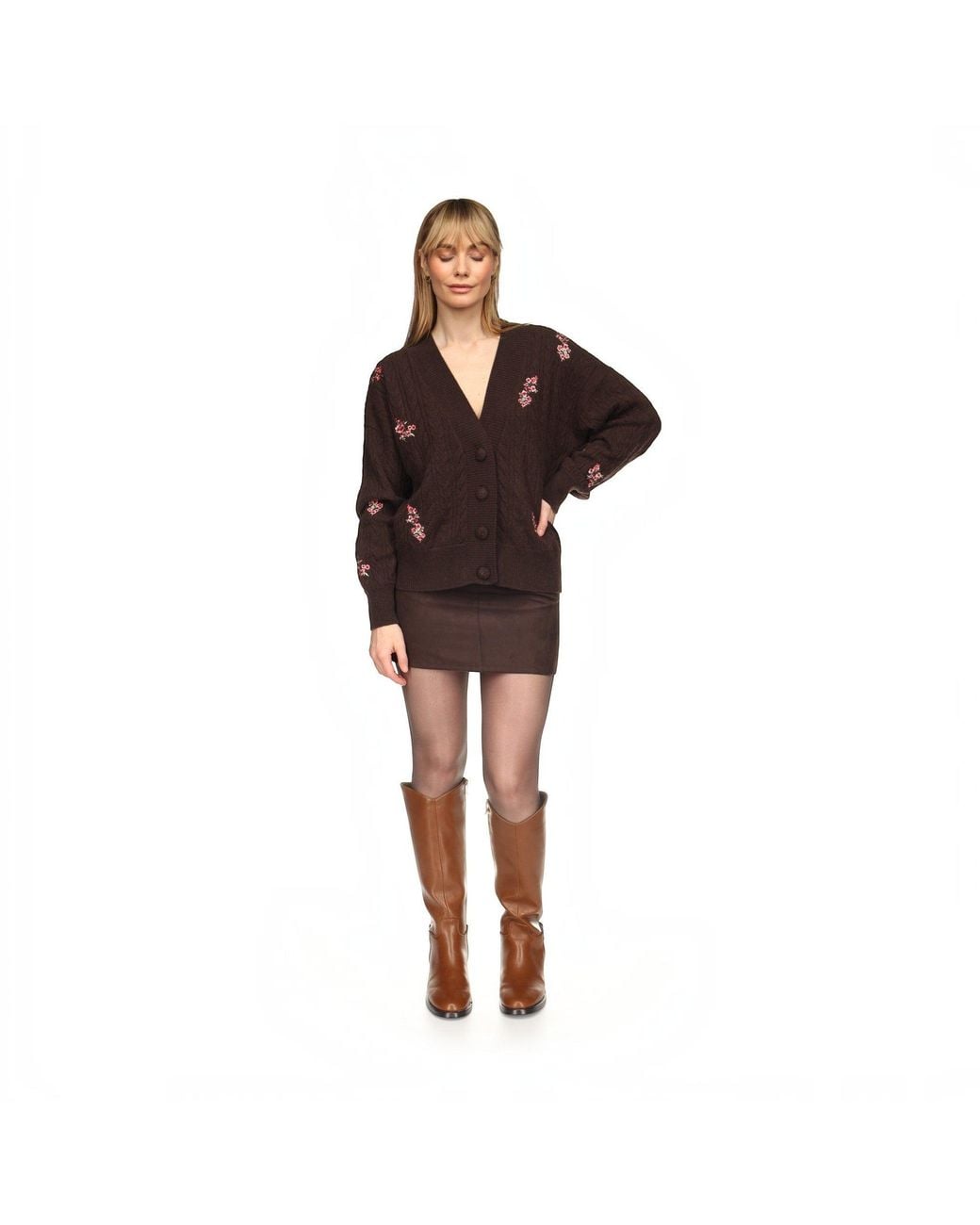 Brodie Cashmere Brown Flower Cable Cardi