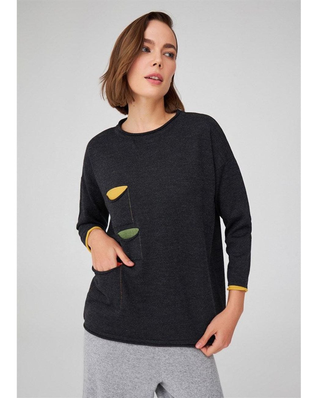 Peraluna Blue O-Neck 3/4 Sleeve Tri-Pocket Knitwear Pullover
