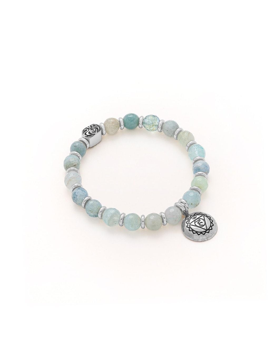 Seven Saints Blue Throat Chakra Aquamarine Activation Stretch Bracelet, Rhodium Plated