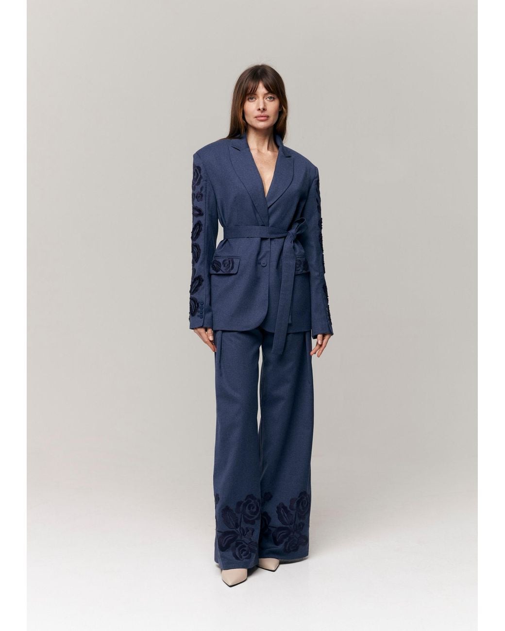 Annabo Blue Velvet Rose Embroidered Wool Wide-Leg Pants – Steel