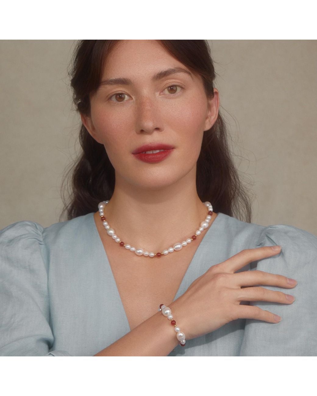 Vintouch Italy Metallic Bianca-Plated Pearl And Carnelian Necklace