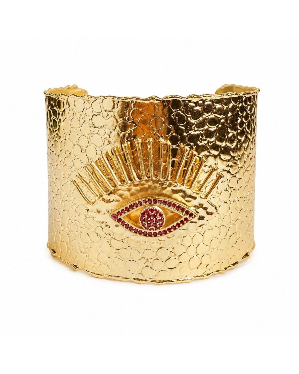 By Ozge Metallic Divine Gaze Ruby Stone Evil Eye Plated Statement Cuff Bracelet