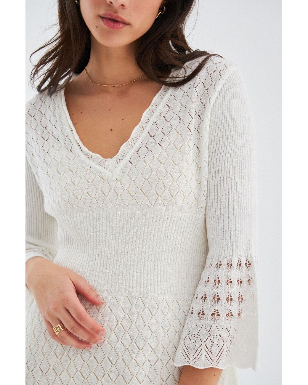 Peraluna White Yoho Openwork V-Neck Knit Mini Dress