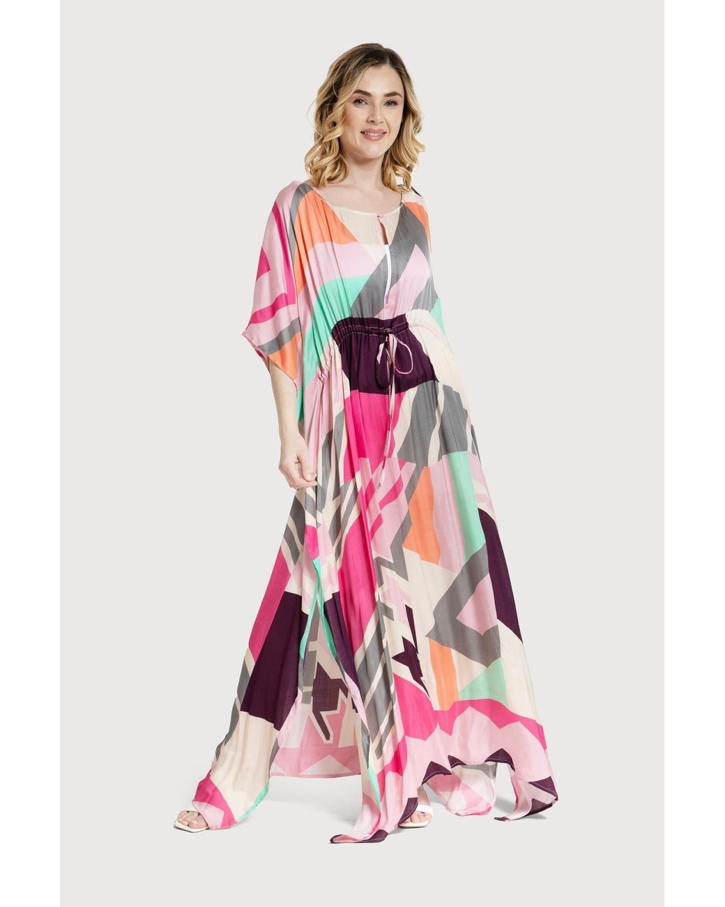 Saachi Pink Multicolored Geo Tie Waist Keyhole Kaftan