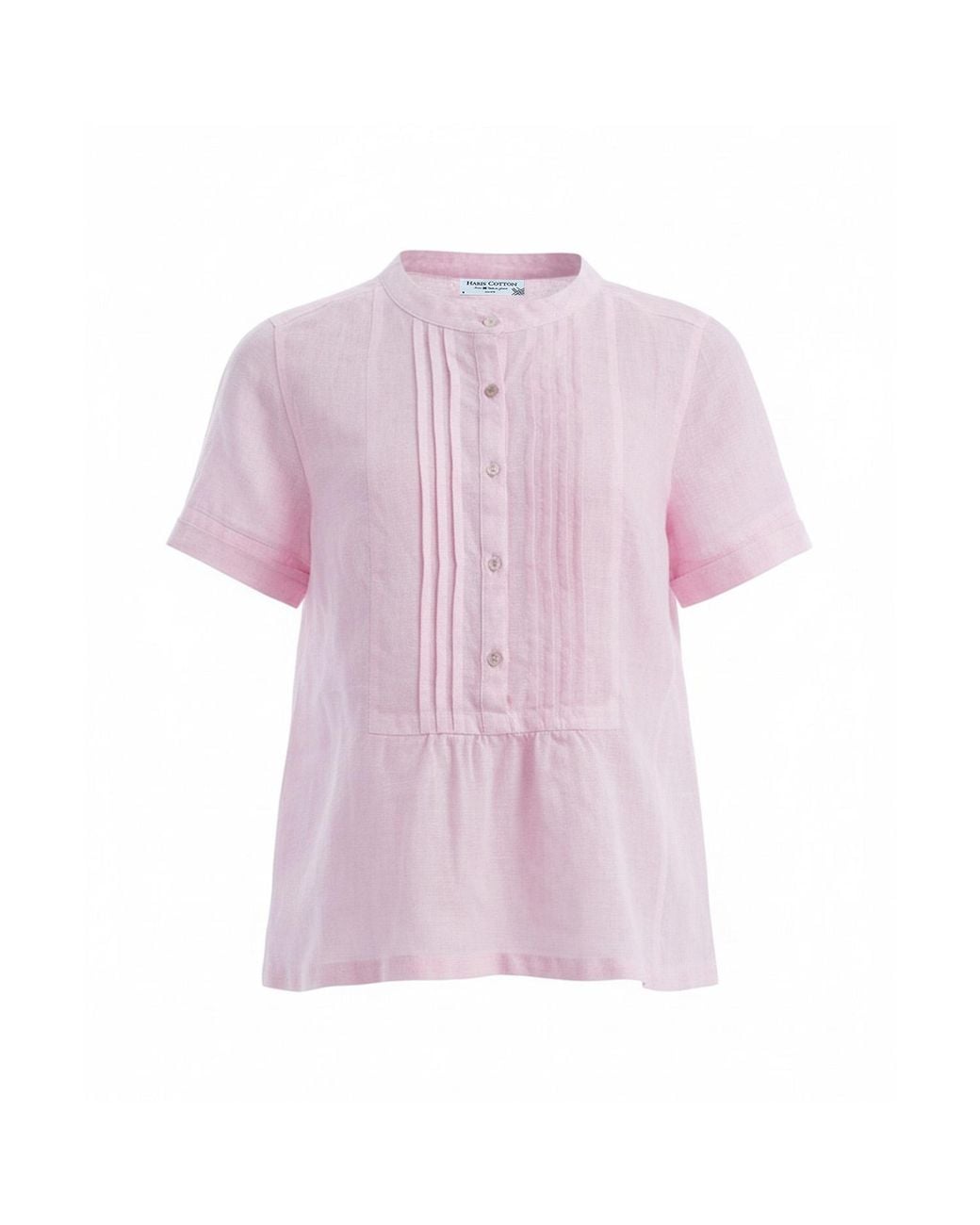 Haris Cotton Purple Linen Short Sleeve Blouse With Pintucks And Button Front Powder