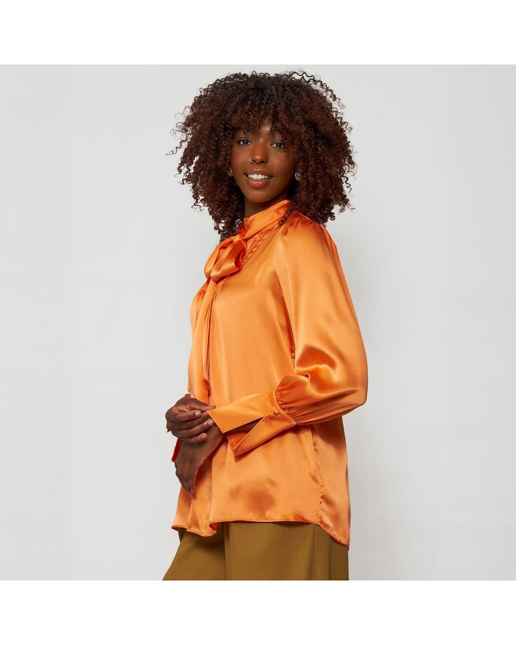 Solgo Atelier Orange Phaius Long Puff Sleeve Silk Charmeuse Blouse With Pintuck Details And Removable Bowtie