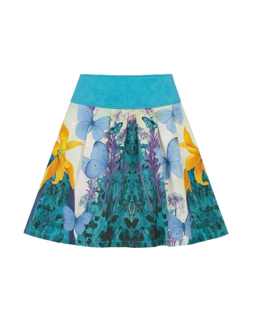 Conquista Blue Floral & Butterfly Print A-Line Skirt With Waistband