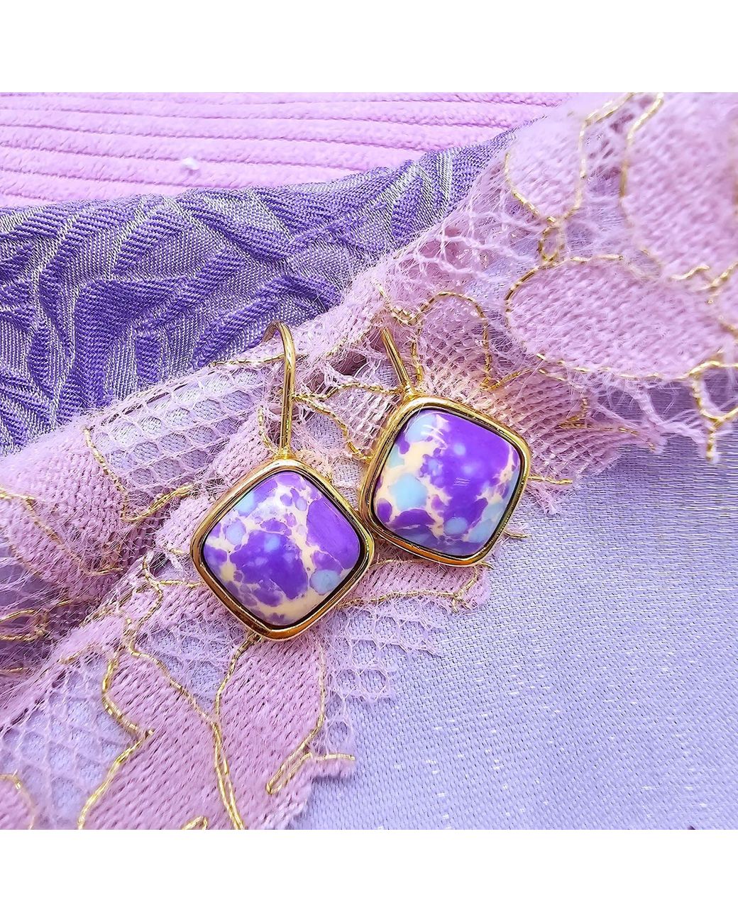 Farra Purple Minimalist Square Shaped Imperial Jasper Hoop Earrings