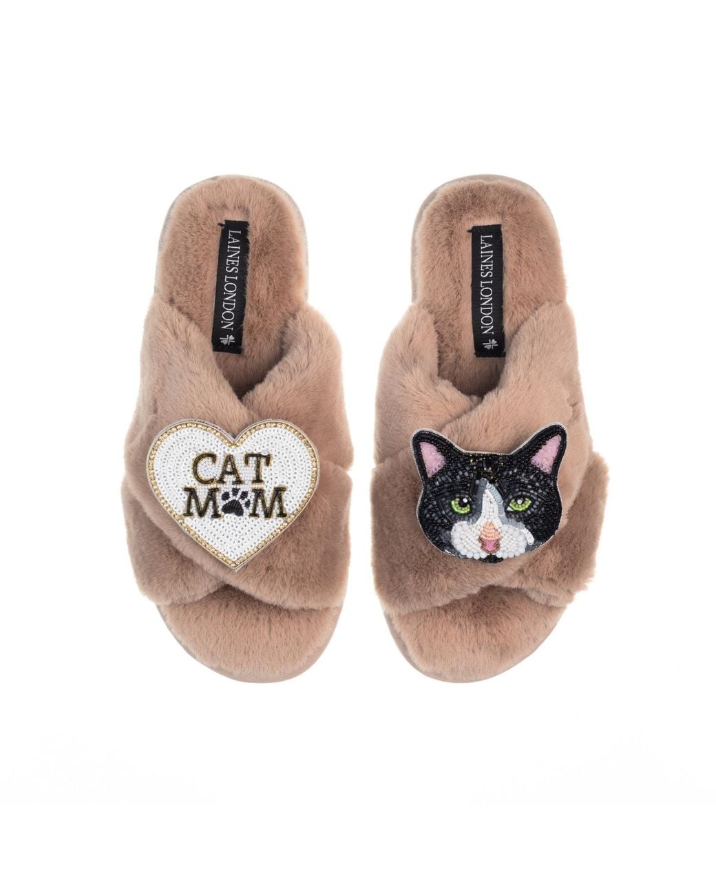 Laines London Brown Classic Laines Slippers With Cat Mum/Mom & Oreo & Shorthair Cat Brooches