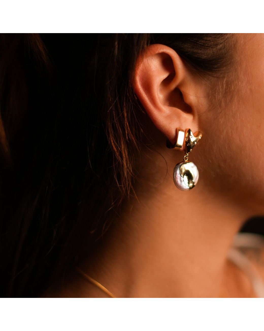 Ebru Jewelry Metallic Love Melted & Diamond Heart Stud Pearl Drop Earrings