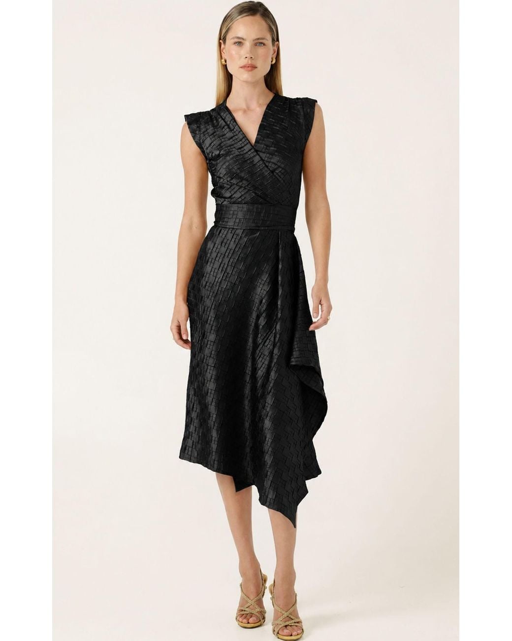 SACHA DRAKE Black Crown Textured Satin Midi Wrap Dress