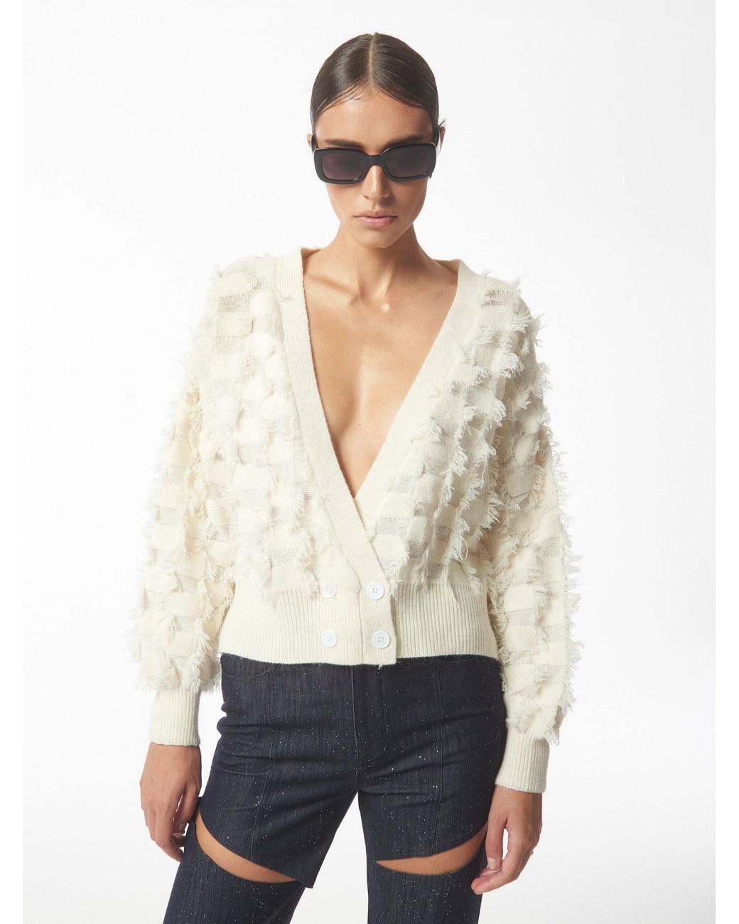Sour Figs White Fringed Checkerboard Cardigan