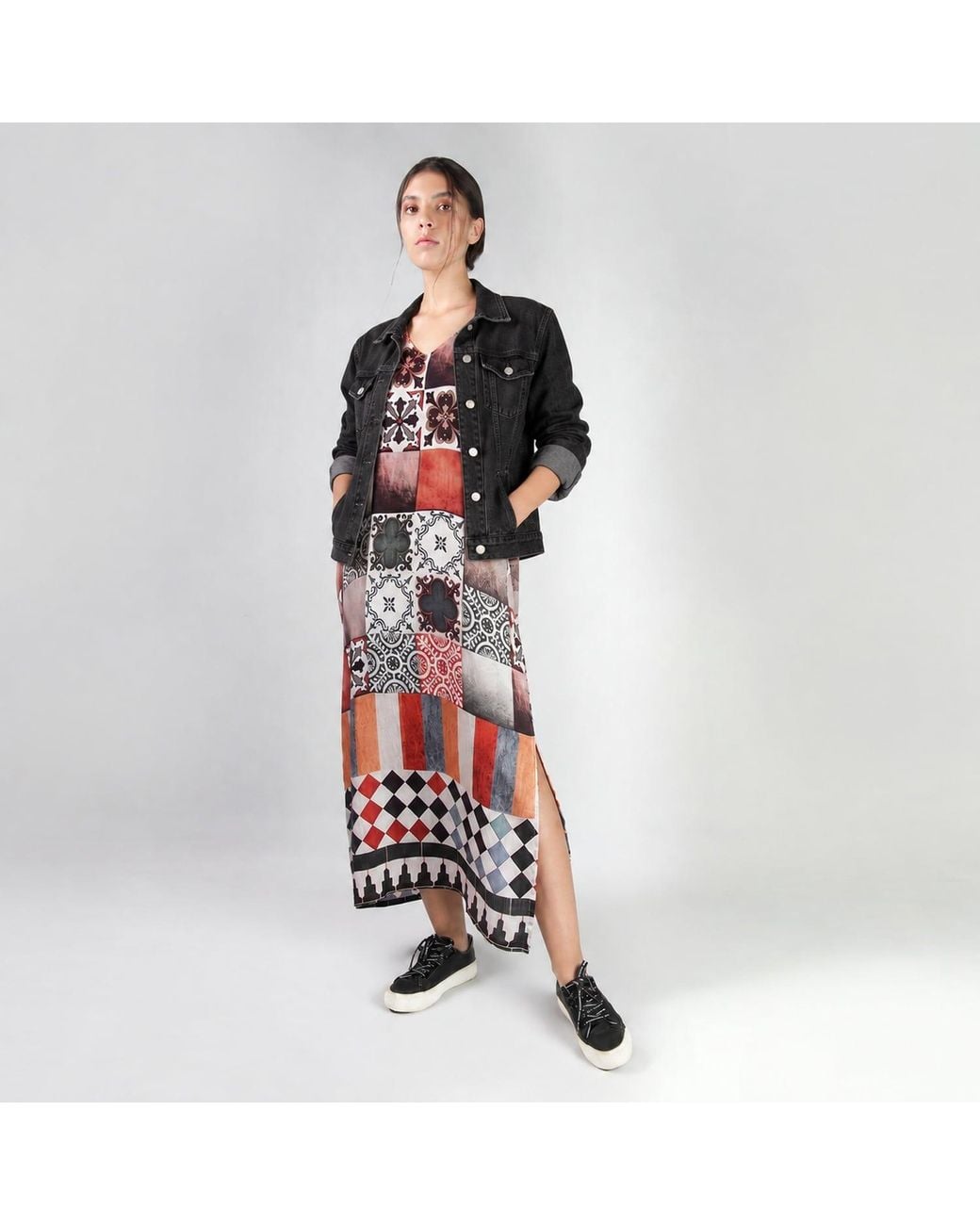 DHARA SHETH DUBAI Brown Celestial Tesserae Mosaic Print Long Cotton Kaftan Dress