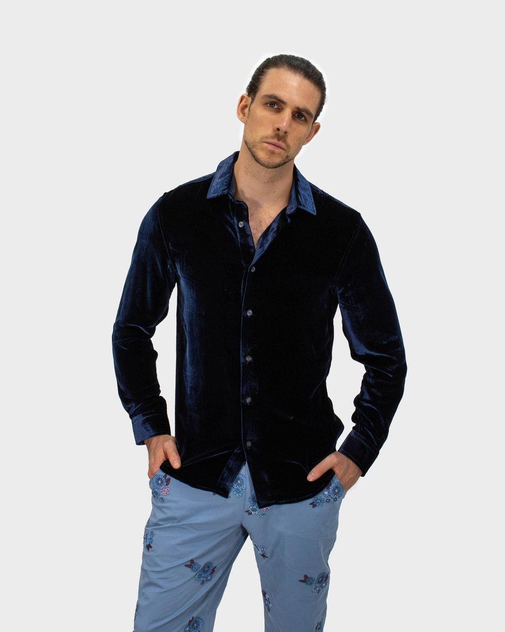 Lords of Harlech Blue Ned Velvet Shirt for men