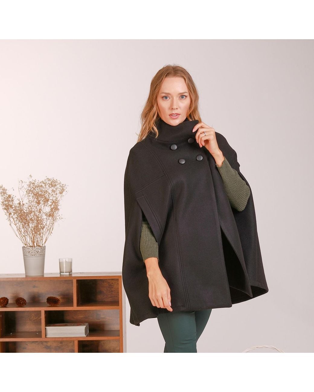 Nikka Place Black Wool Military Pea Coat With Front Buttons & High Neck