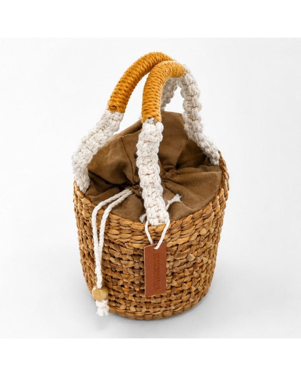 Silk and Bears Metallic Neutrals Lotus Mini Bucket Bag – Handwoven Water Hyacinth