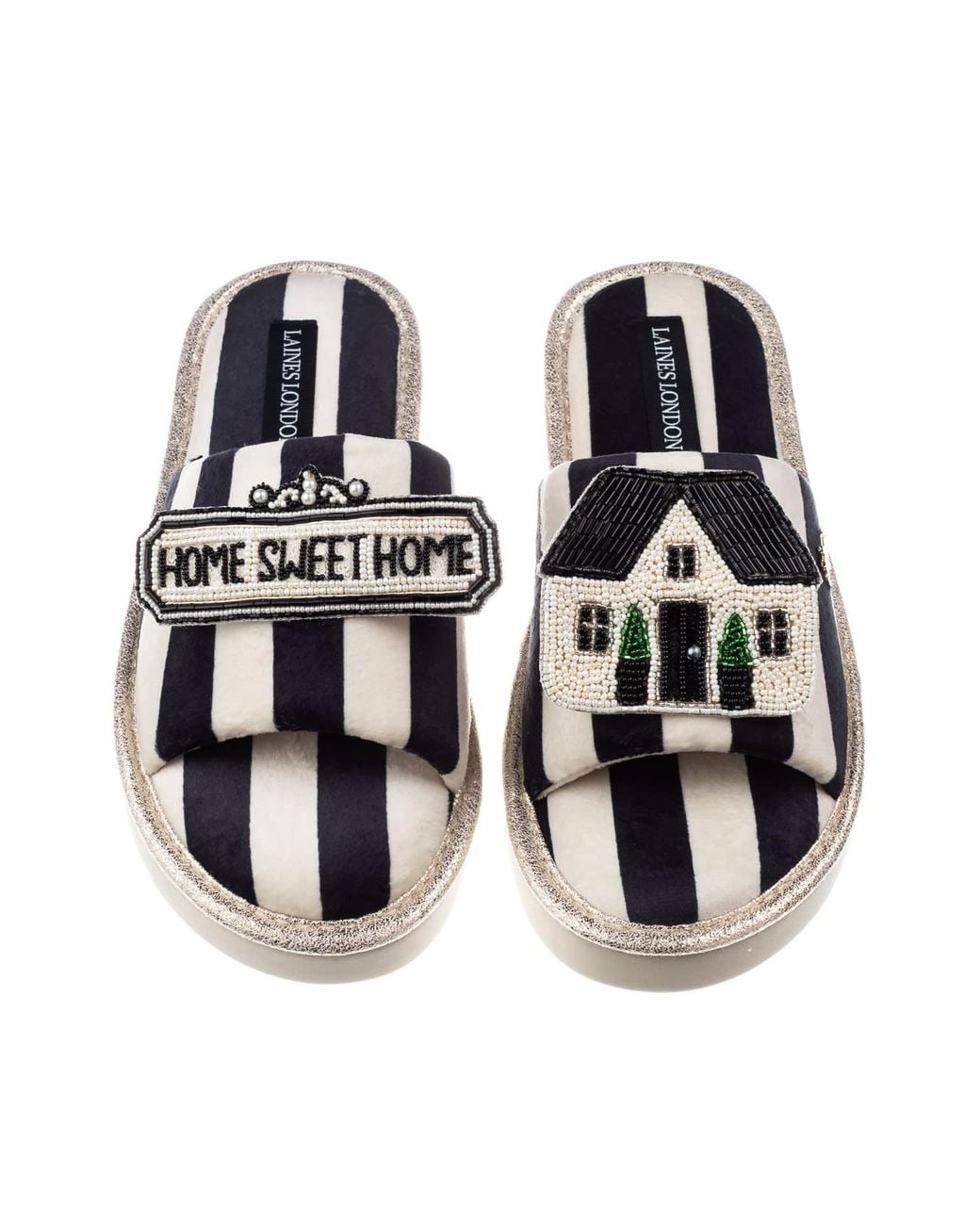 Laines London Black Flatform Stripe Open Toe Slippers With Home Sweet Home Brooches