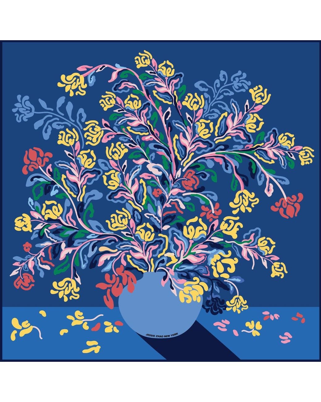 Jessie Zhao New York Blue Double Sided Wool Silk Shawl Of Night Flowers