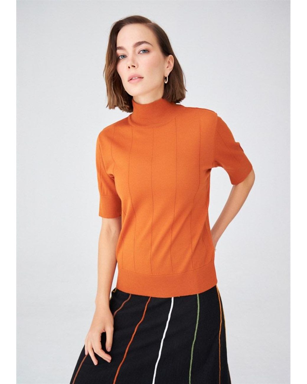 Peraluna Brown Betty High Neck Short Sleeve Knitwear Fine Blouse