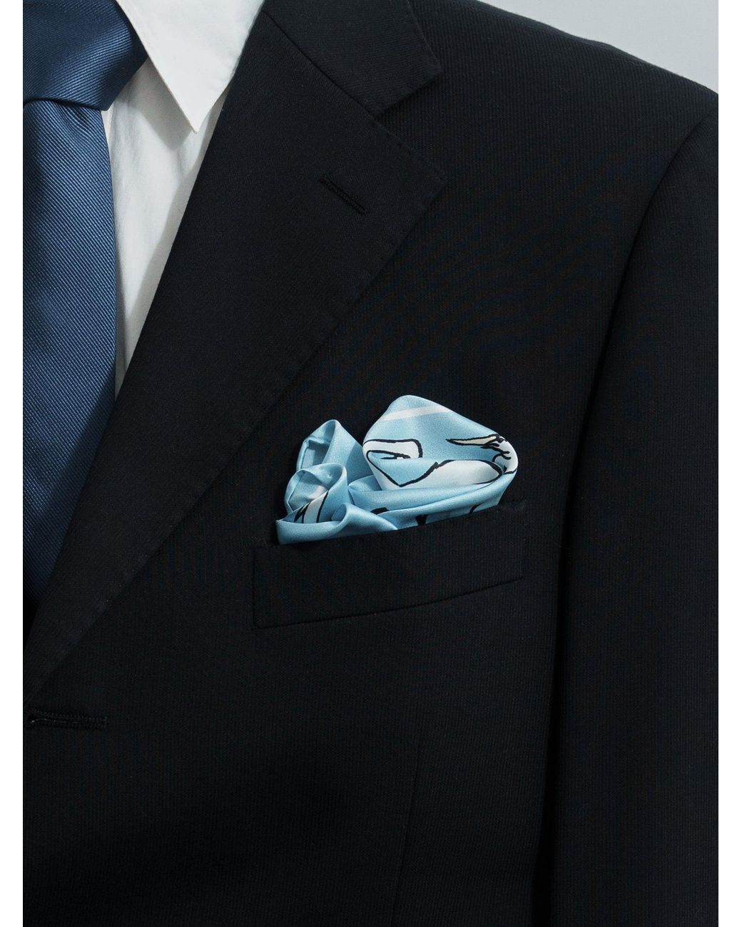 Lost Pattern Blue Little Egret Silk Pocket Square for men