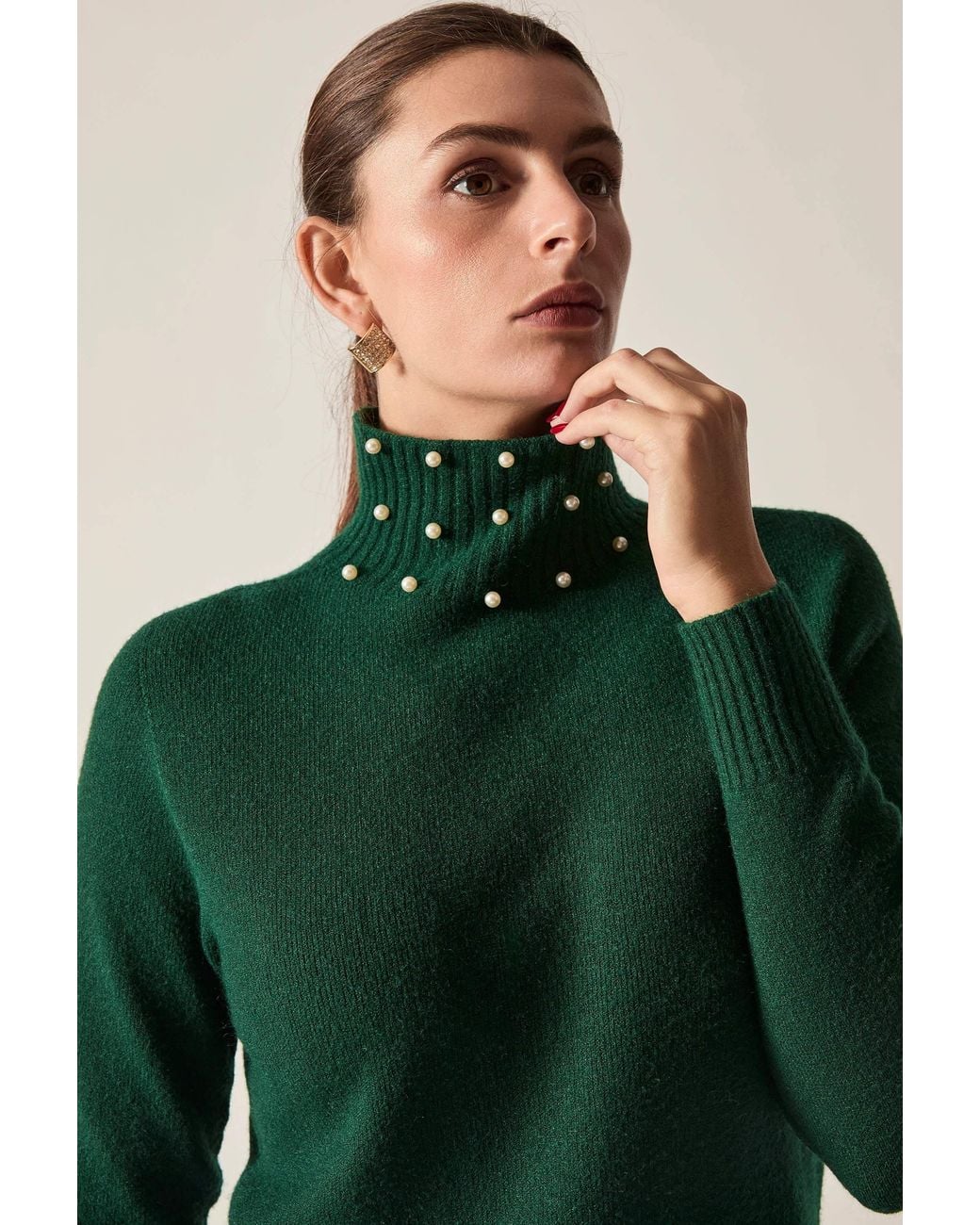 James Lakeland Green Pearl Neck Jumper