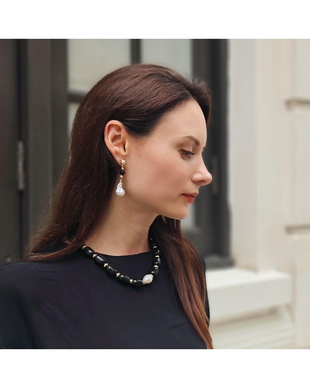 Farra Metallic Baroque Pearls With Obsidian Clip-On Earrings