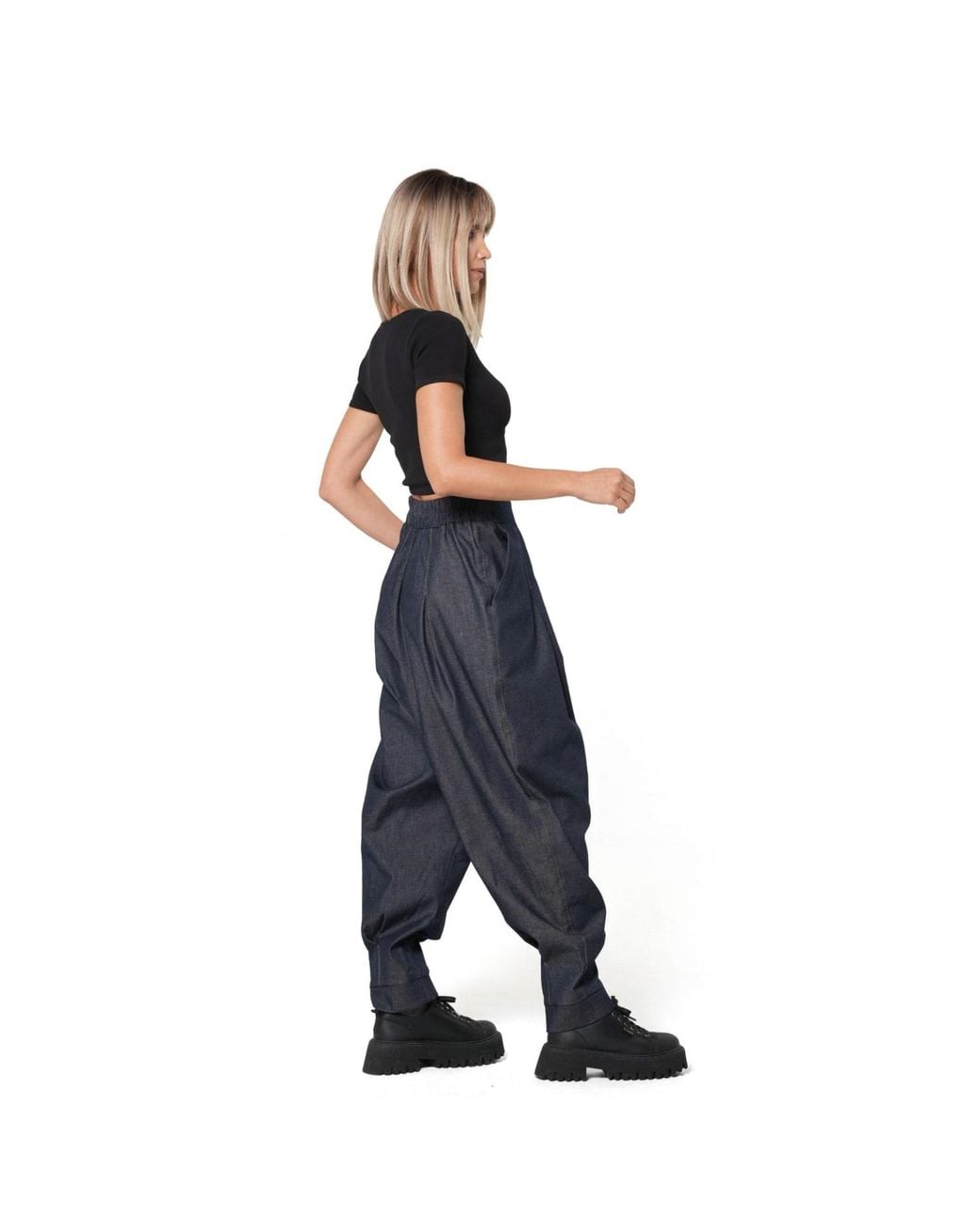 Metamorph Blue Drop Crotch Denim Trousers With Pleats And Elastic Waist