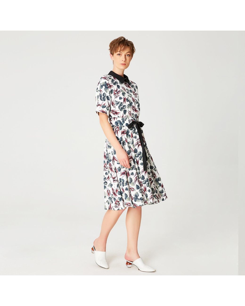 Smart and Joy White Fit-And-Flare Leaves Print Dress With Wide Belt