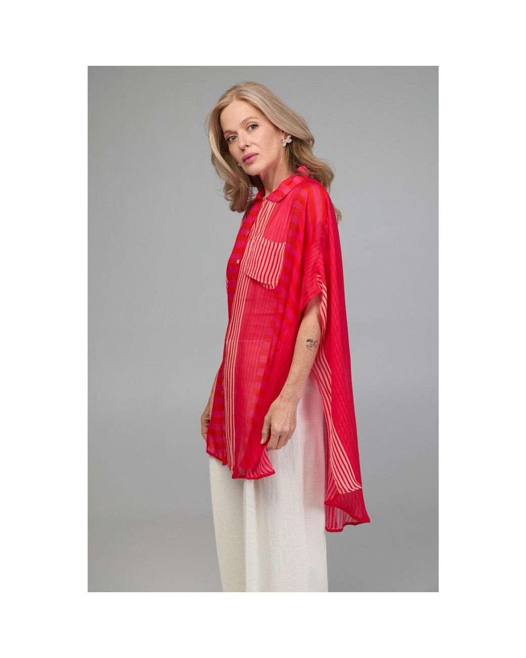 Saachi Red Flowy Striped Oversized Shirt