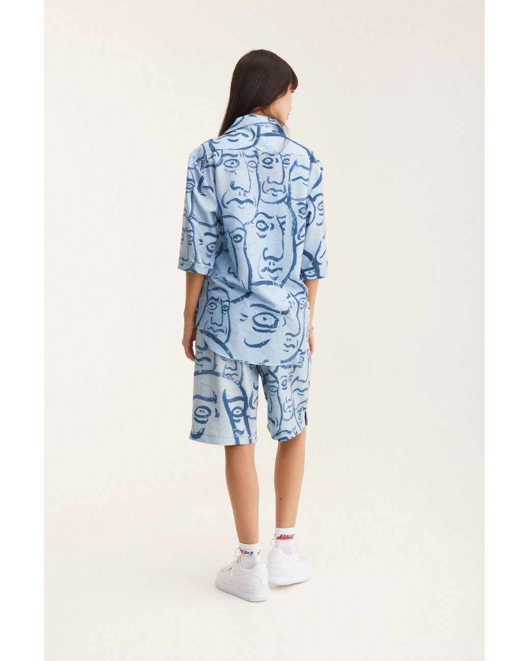 mysimplicated Blue Short Sleeve Shirt And Bermuda Set With Faces Design