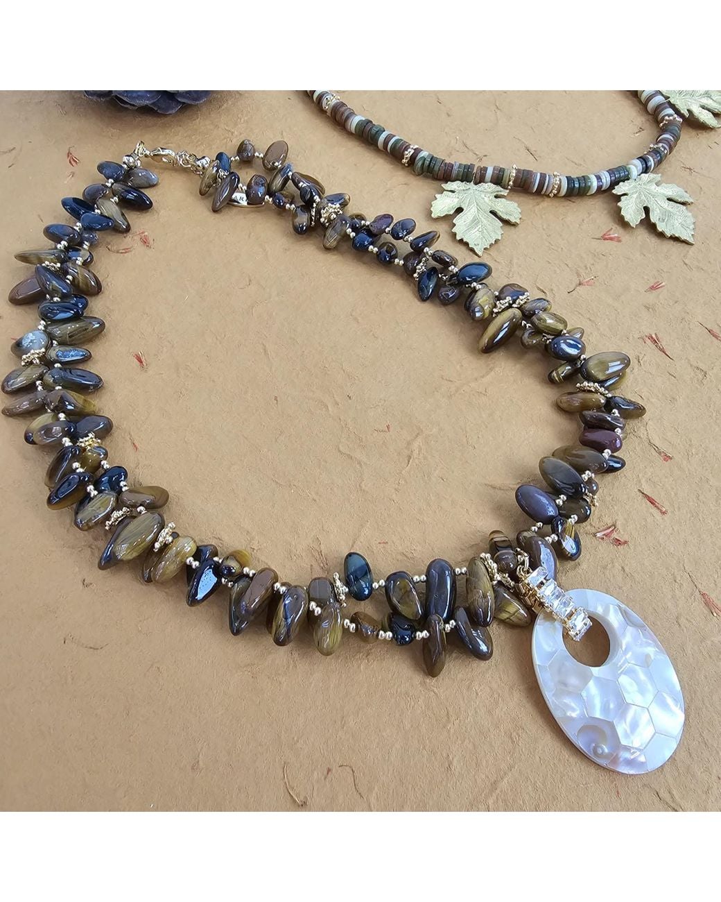 Farra Metallic Classical Tigereye With Shell Pendant Necklace