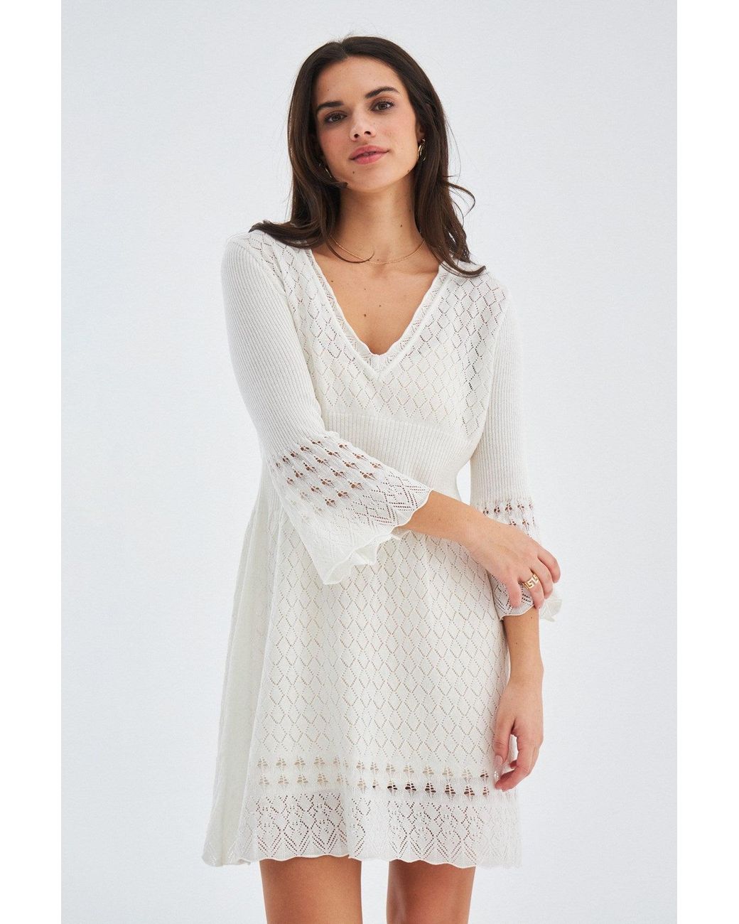 Peraluna White Yoho Openwork V-Neck Knit Mini Dress