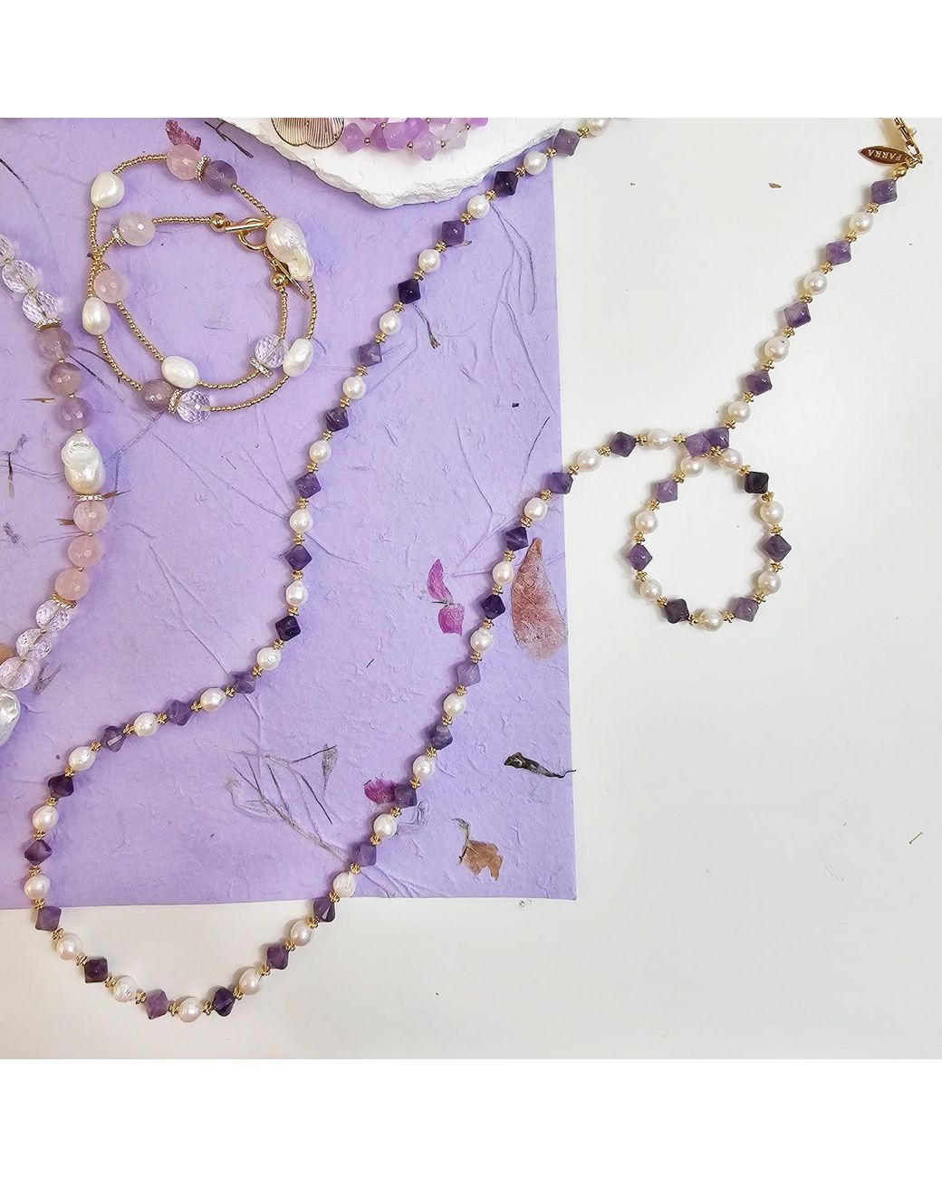 Farra Metallic Freshwater Pearls With Amethyst Long Versatile Necklace