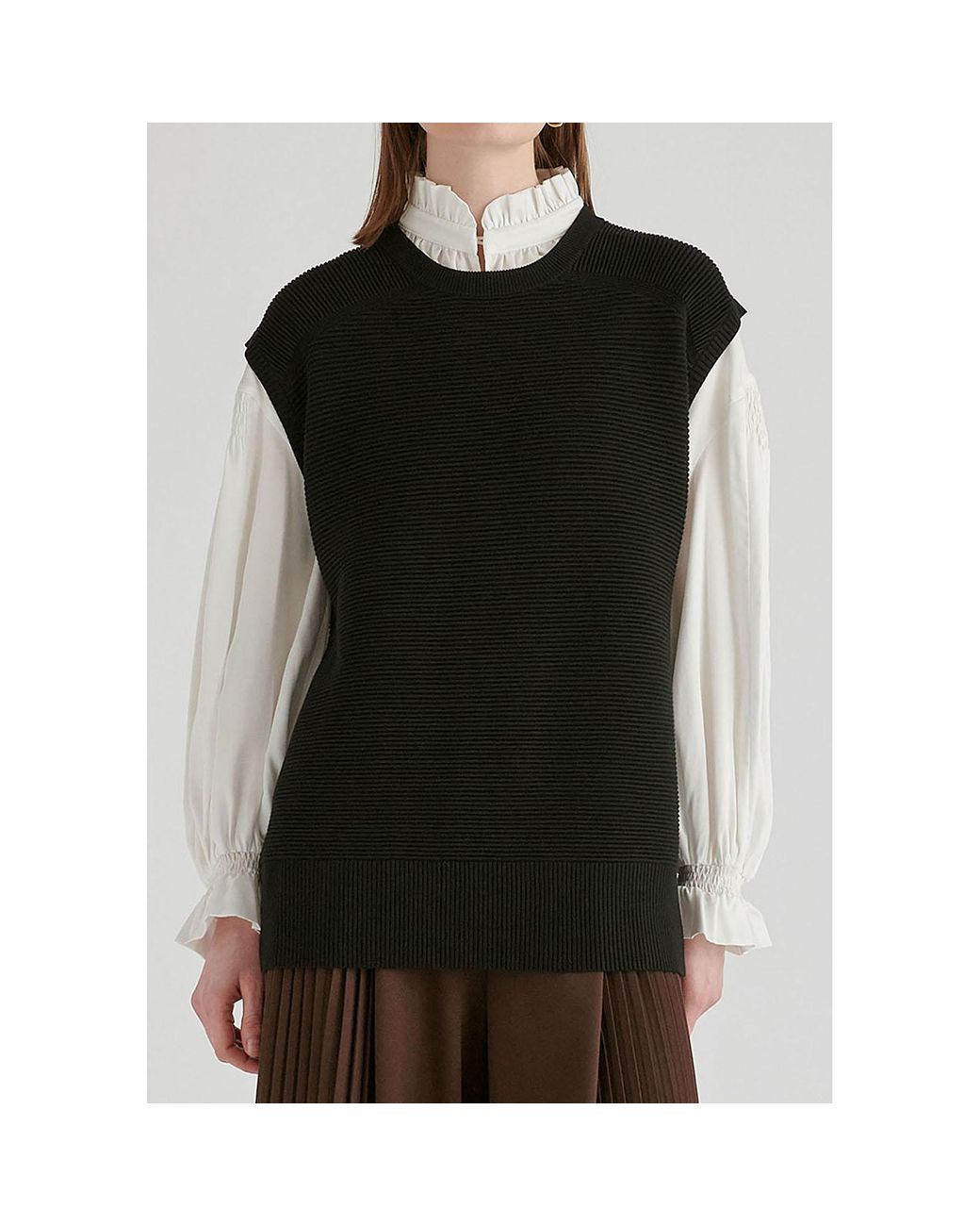 Paisie Black Side Slit Sleeveless Ribbed Jumper
