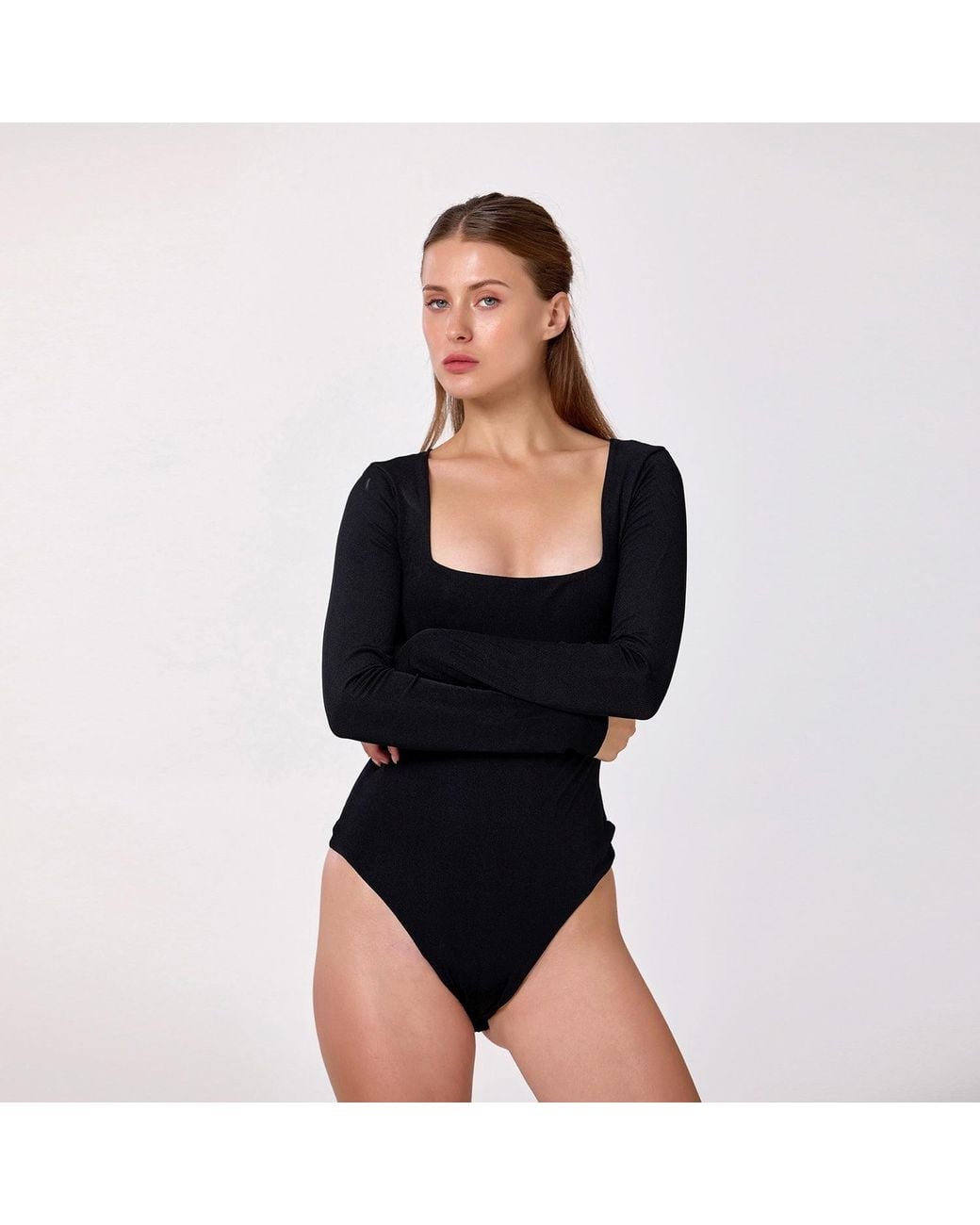 Smart and Joy Black Square Necklinbe Bodysuit
