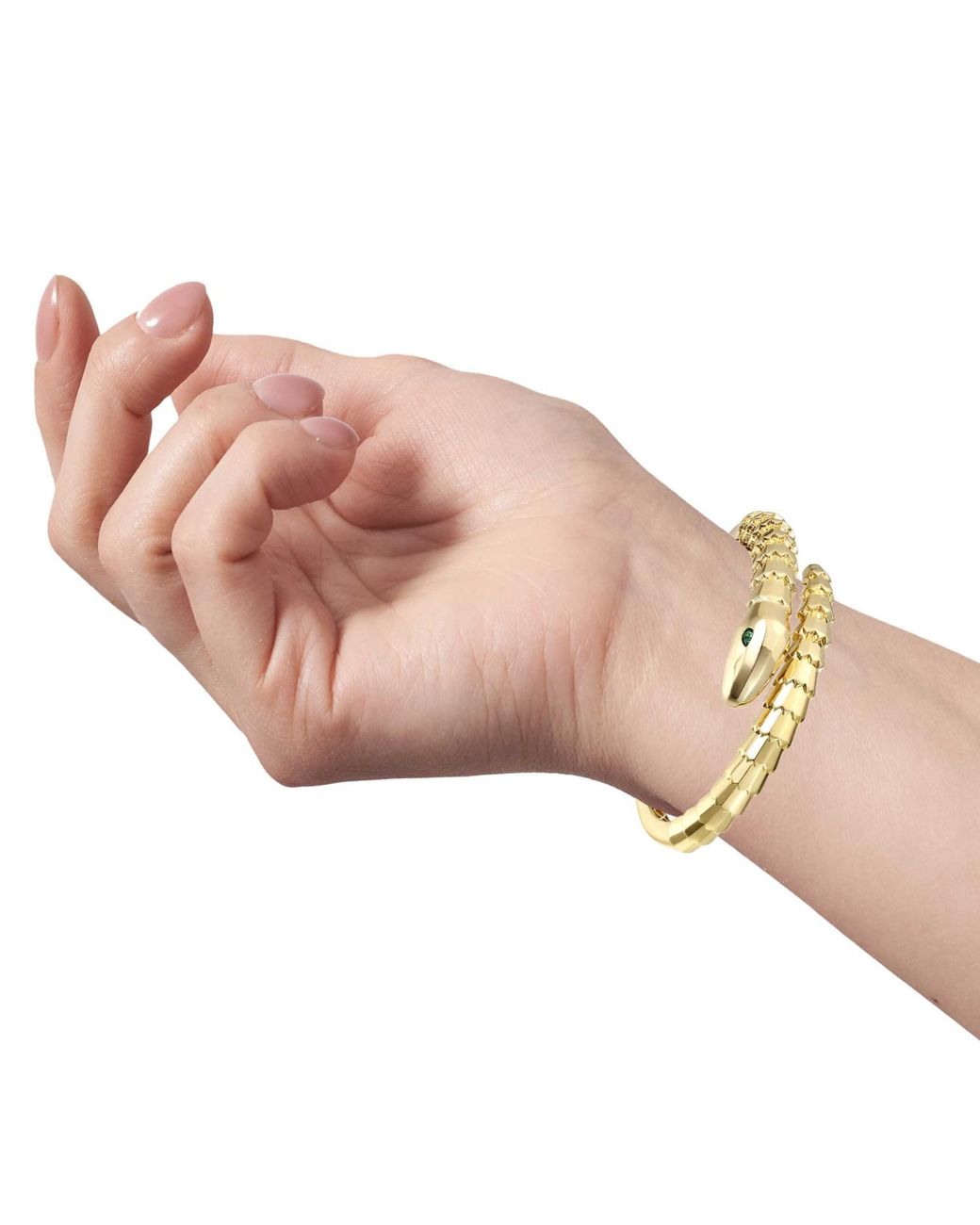 Genevive Jewelry Metallic Plated With Emerald Cubic Zirconia Textured Coiled Serpent Bypass Bangle Bracelet