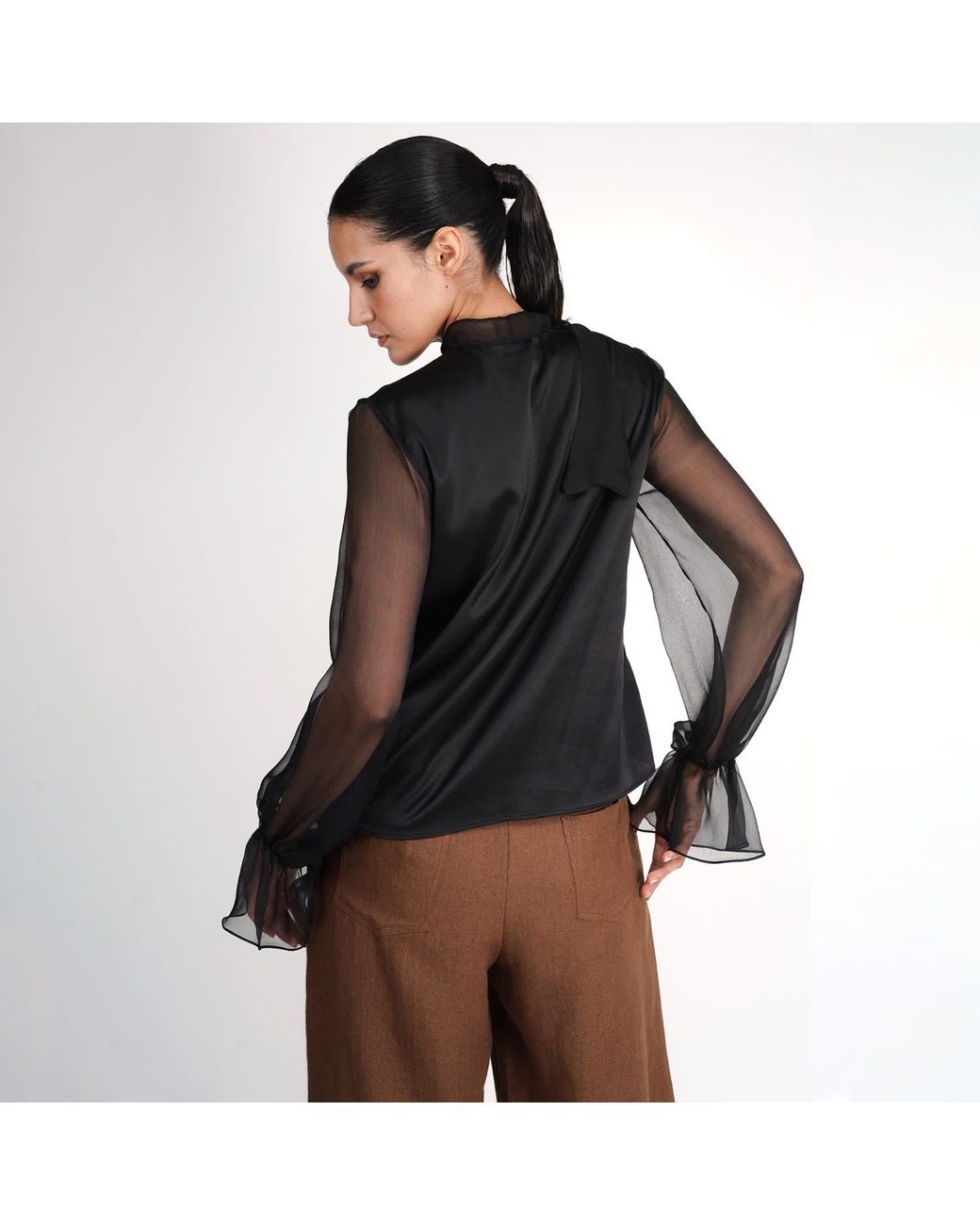 Gunda Hafner Ltd Black Silk Blouse With Sheer Sleeves