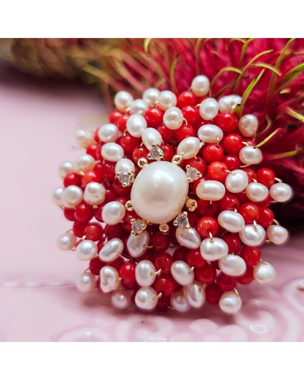Farra Red Flower Handcrafted Bamboo Coral And Freshwater Pearl Brooch