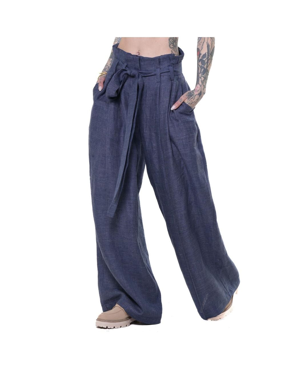 Metamorph Blue Linen Denim Wide-Leg Trousers