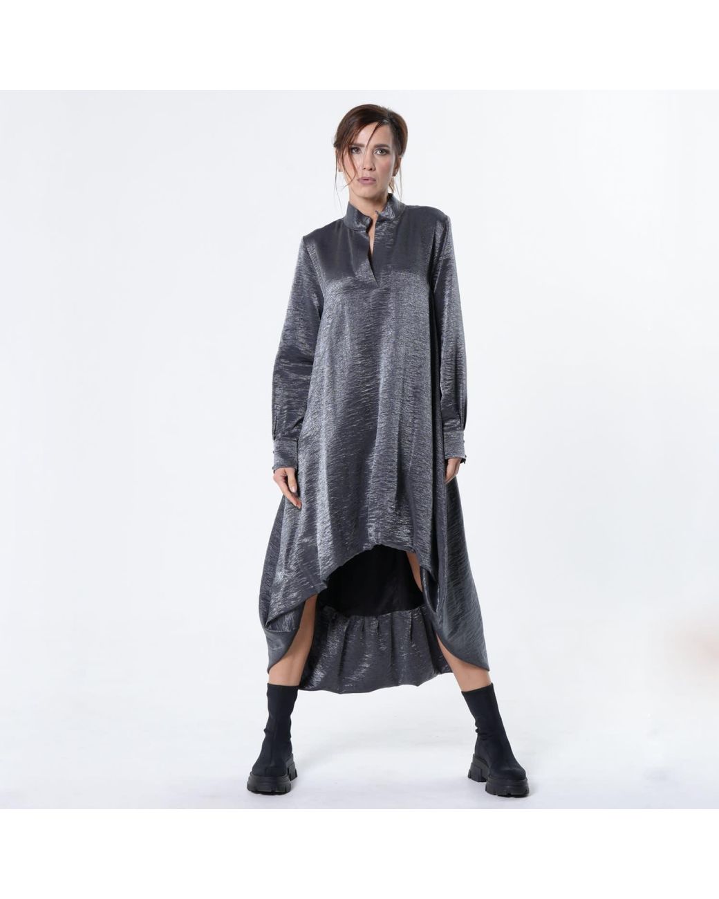 Metamorph Gray Shiny Metallic High-Low Dress