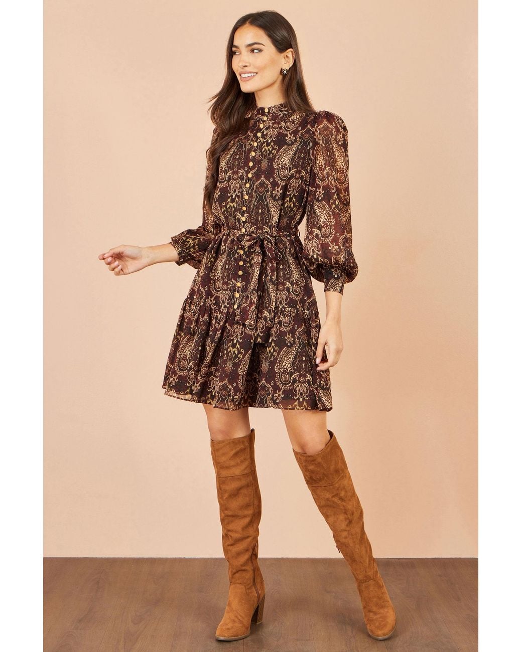 Yumi' Brown Paisley Long Sleeve Shirt Dress