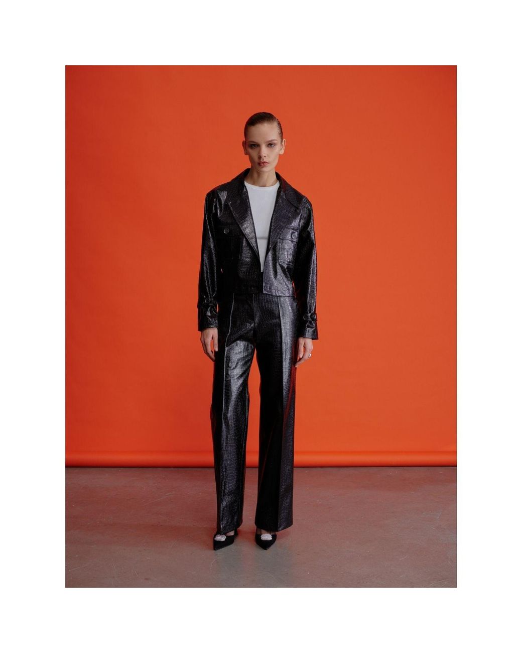 NAZLI CEREN Gray Millie Straight Cut Croc-Effect Trousers