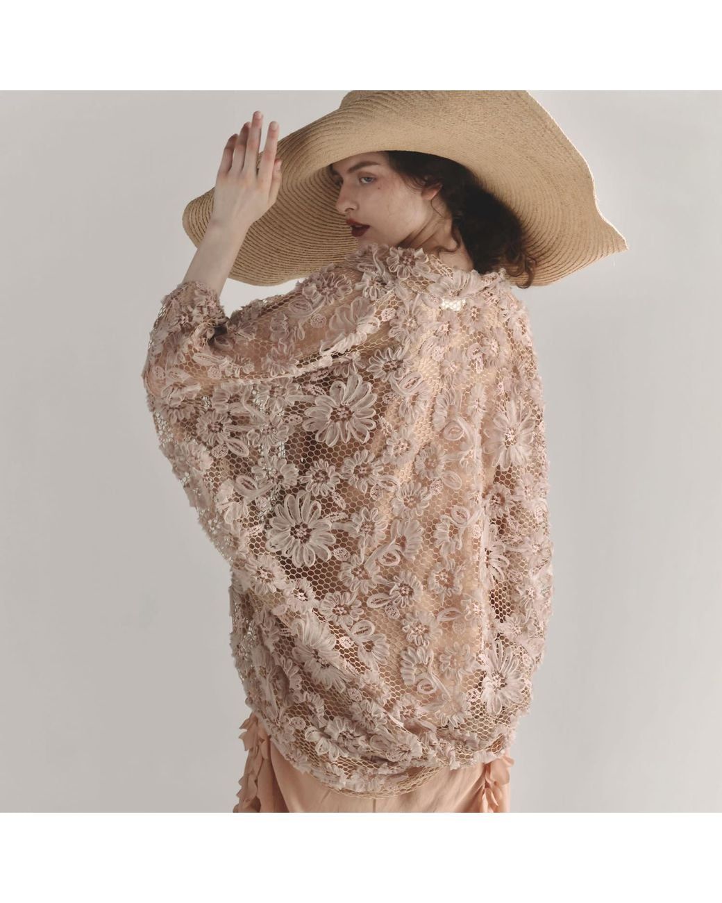 Belsize25 Natural Neutrals Rose Blush Textured Floral Lace Open-Front Kimono Cardigan