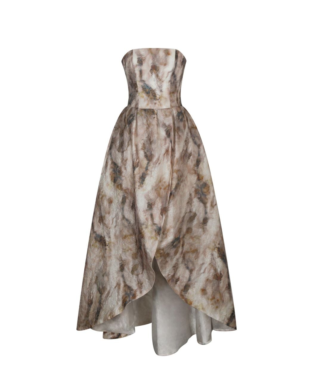Miss Circle New York Natural Neutrals Micaela Camel Watercolor Jacquard Chiffon Dipped Hem Gown
