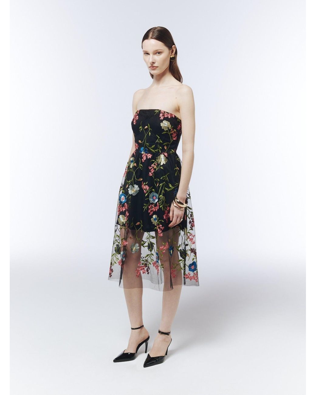 Sour Figs Black Floral-Embroidered Strapless Midi Dress