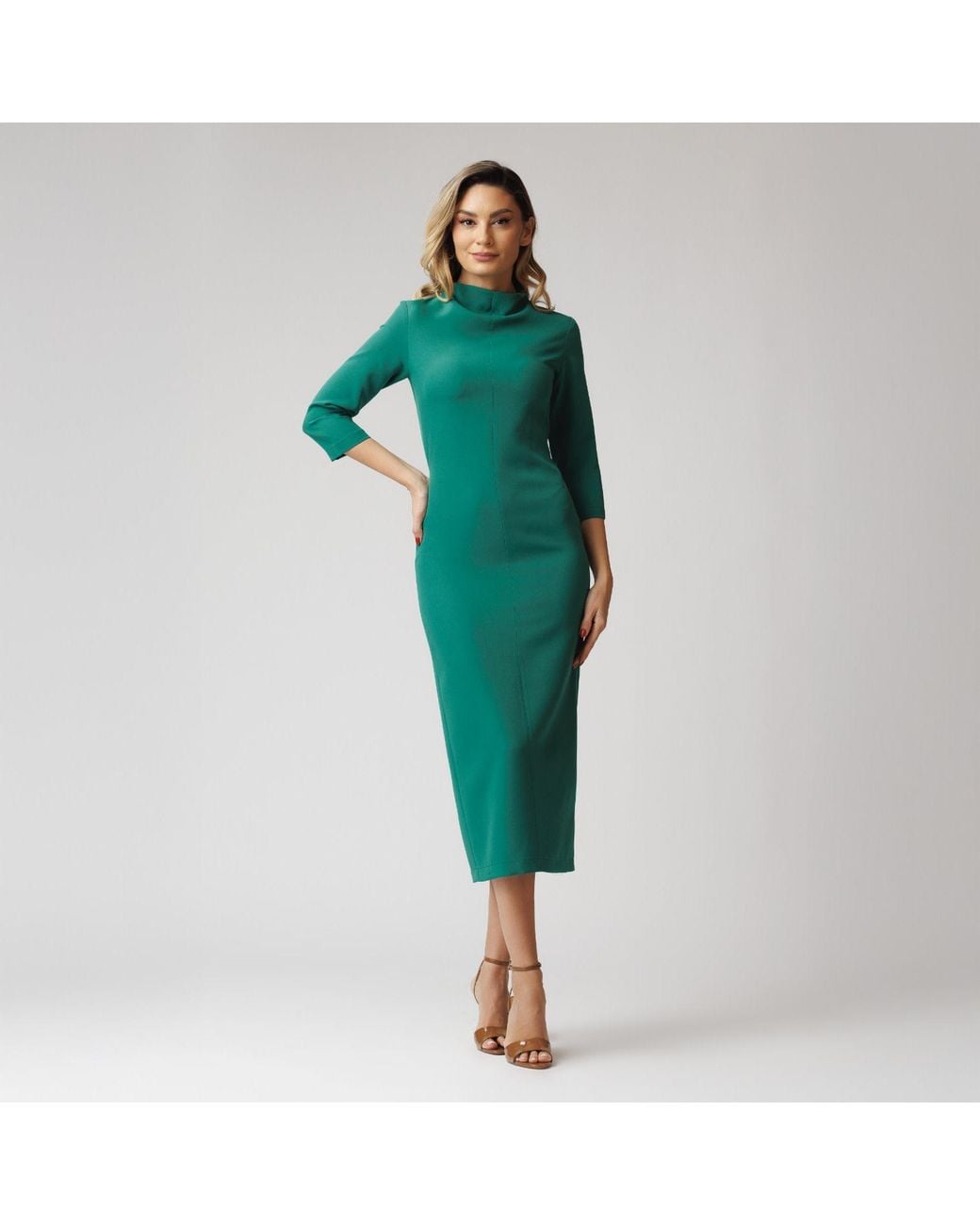 concept A trois Green Fitted Dress With Three-Quarter Sleeves And Slits