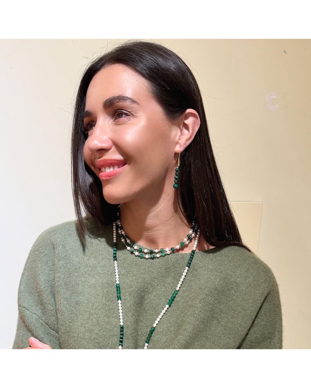 Farra Green Malachite Beaded Threader Earrings