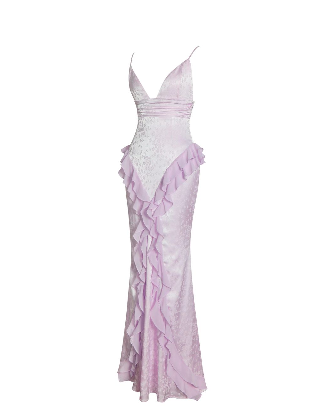 Miss Circle New York Purple Paolina Taro Jacquard Ruffle Mermaid Maxi Dress