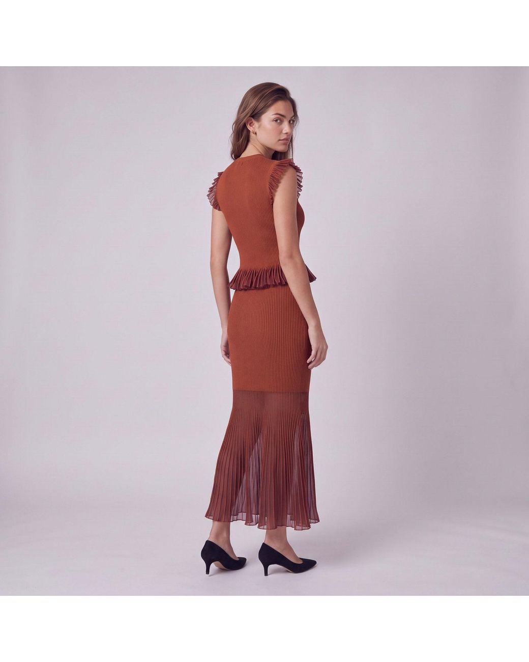 Modenaire Red Ribbed Peplum Top Sheer Hem Midi Skirt Set